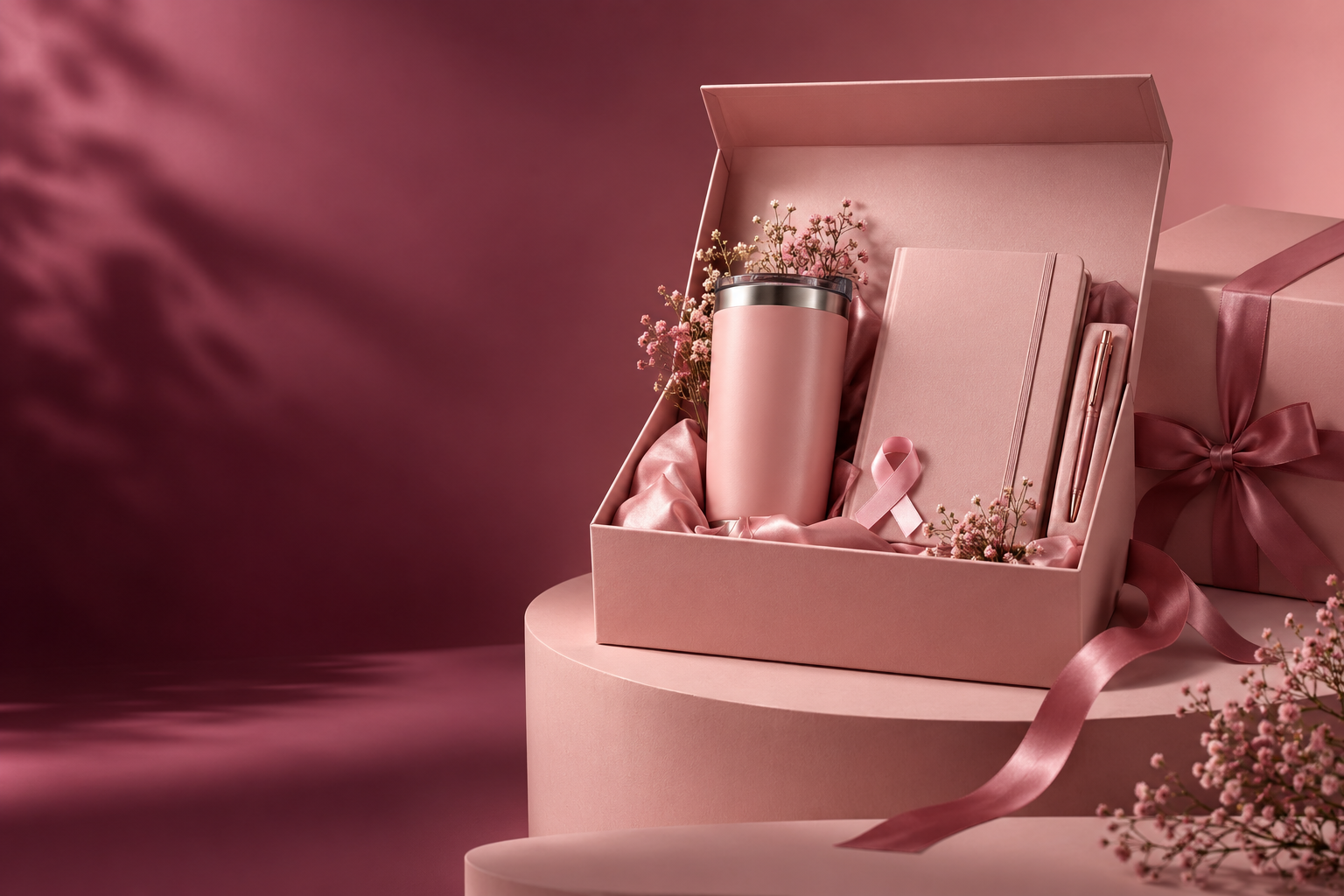 Caixa presente Outubro Rosa com copo, caderno, canetas e laço rosa.
