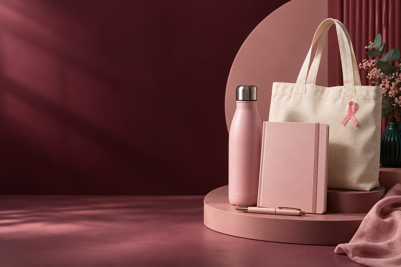 Kit corporativo Outubro Rosa com garrafa, caderno, caneta e ecobag rosa.