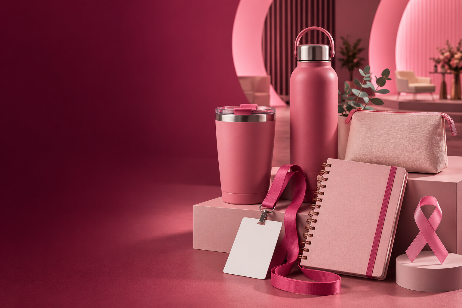 Conjunto corporativo rosa para eventos com garrafa, copo, nécessaire, caderno e crachá.