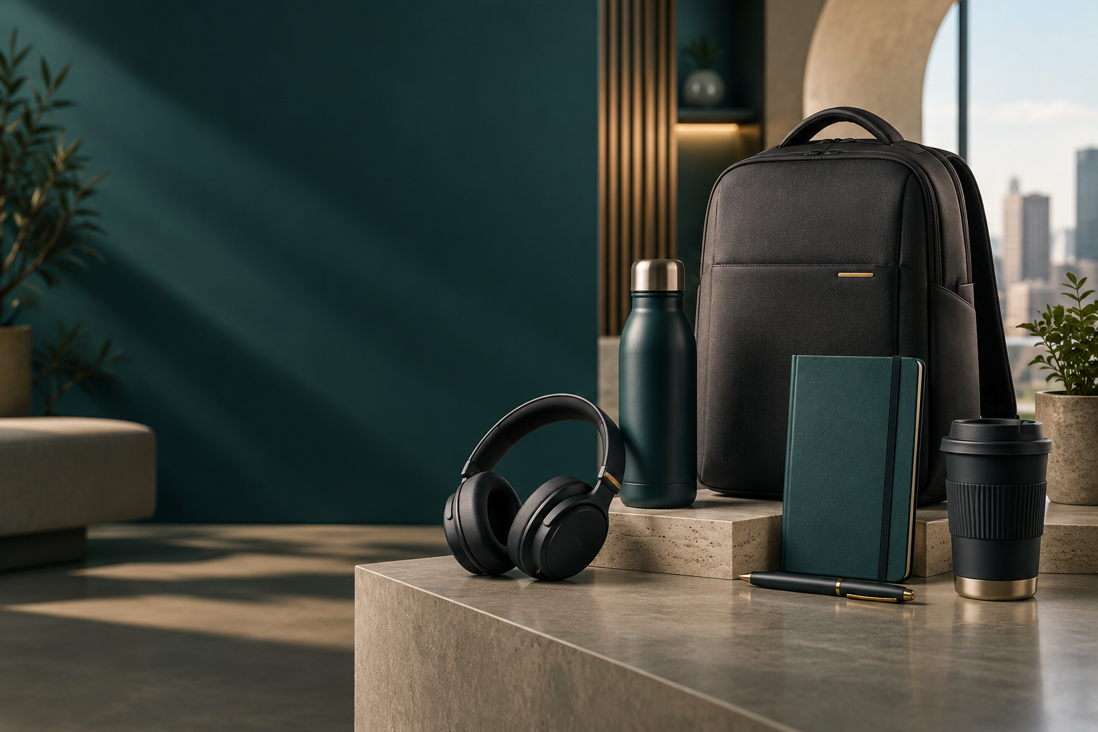 Conjunto de brindes para colaboradores com mochila, fones, garrafa, caderno e copo.