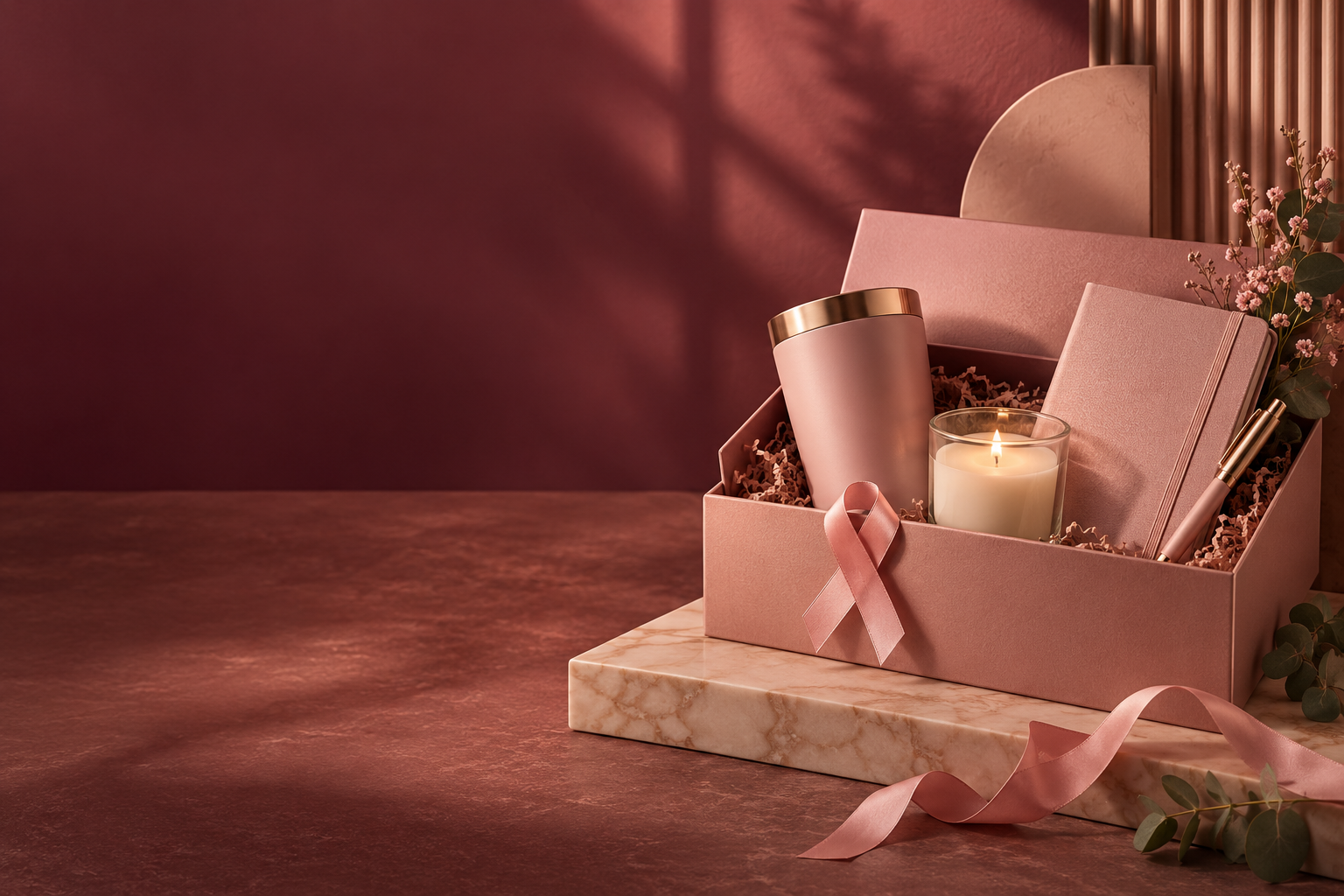 Caixa de presente corporativa Outubro Rosa com copo, vela, caderno, caneta e laço rosa.
