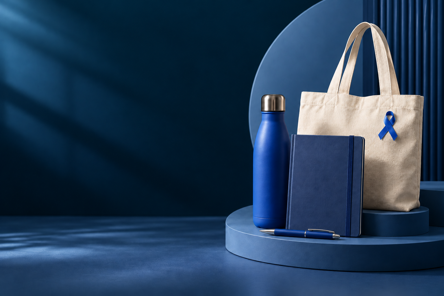 Kit corporativo Novembro Azul com garrafa, caderno, caneta e ecobag rosa.
